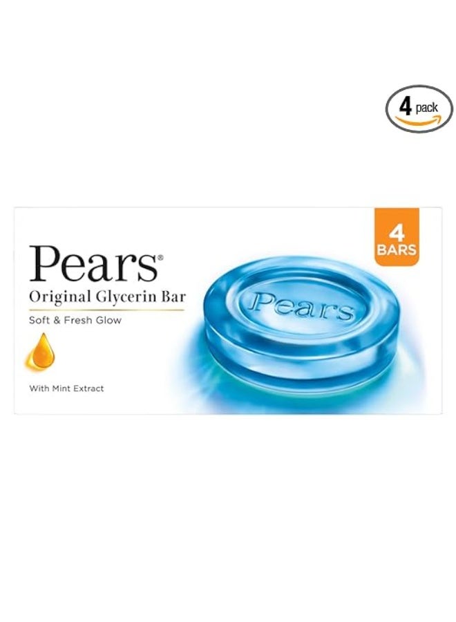 Pears Original Glycerin Soap Bar - Soft & Fresh Glow | With 98% Pure Glycerin & Mint Extract | For a Fresh Glow | With Plant Based Cleanser for Skin & Body | Paraben-free | 125gms x 4 - Image 1